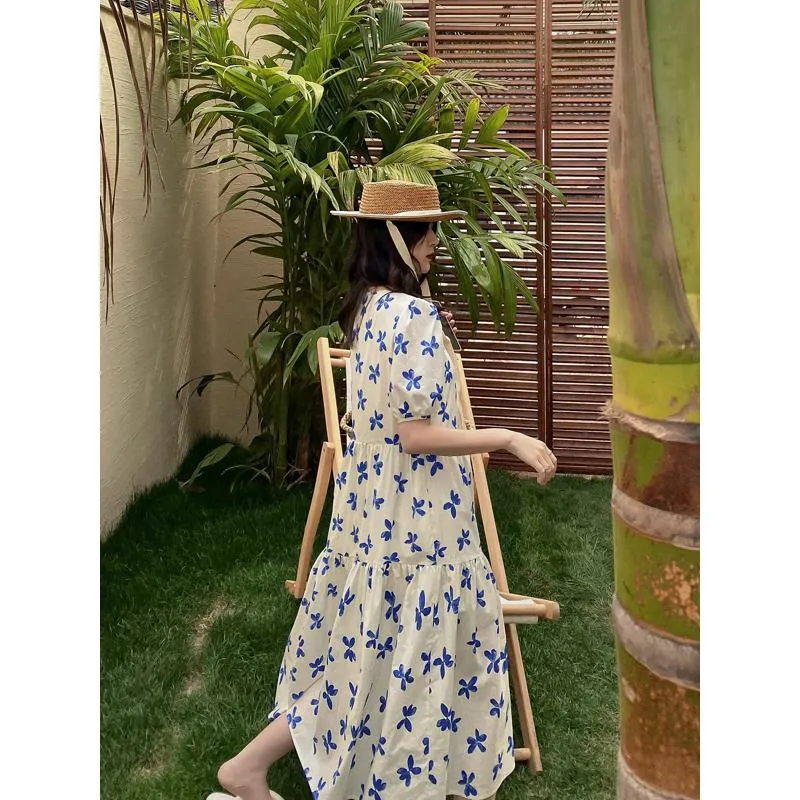 Floral Print Slimming Blue Bubble Sleeve Dress