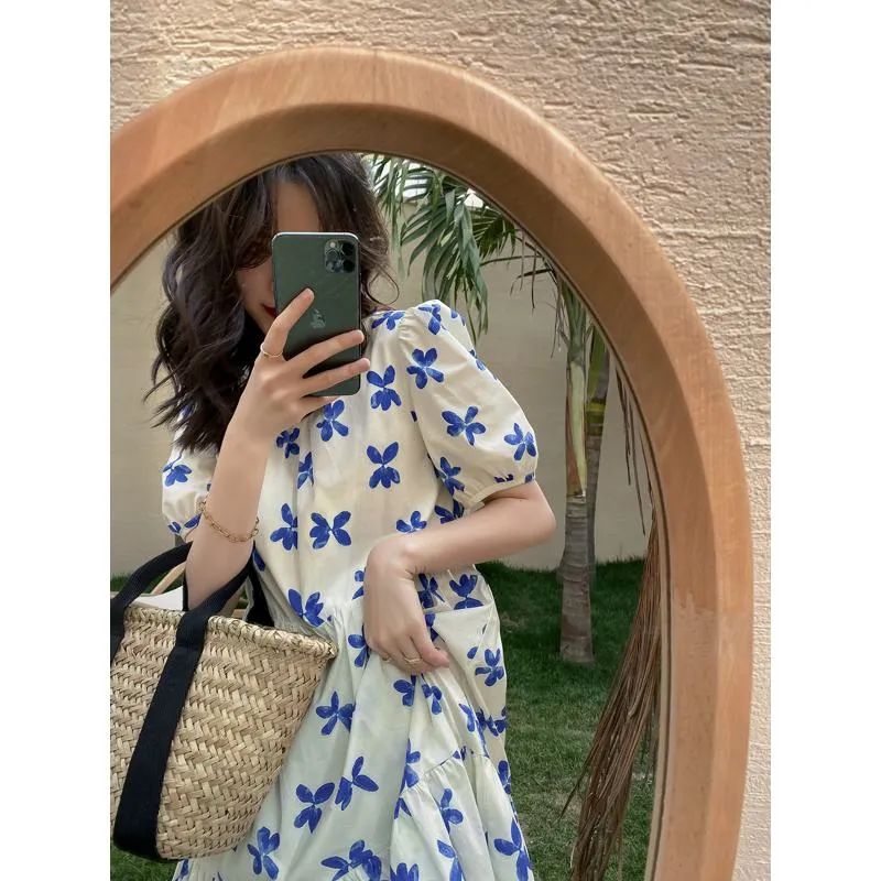 Floral Print Slimming Blue Bubble Sleeve Dress