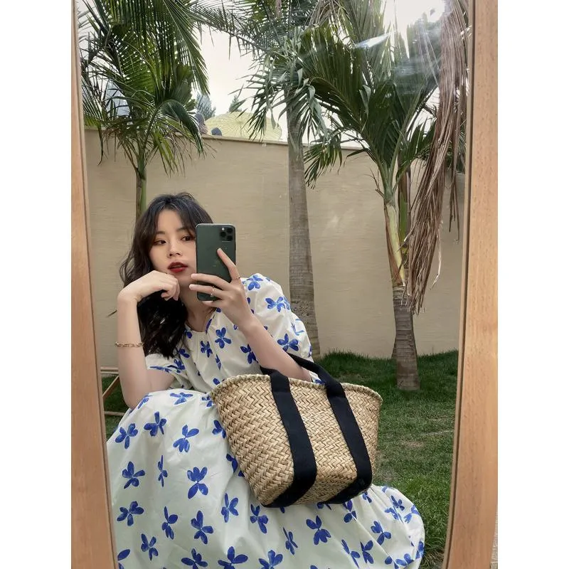 Floral Print Slimming Blue Bubble Sleeve Dress