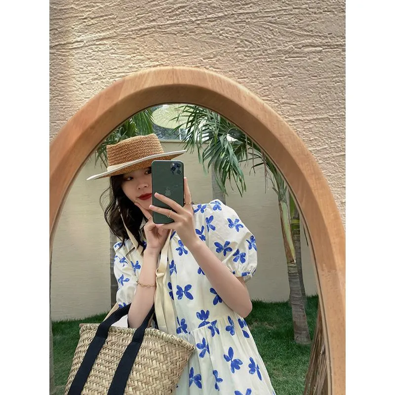 Floral Print Slimming Blue Bubble Sleeve Dress