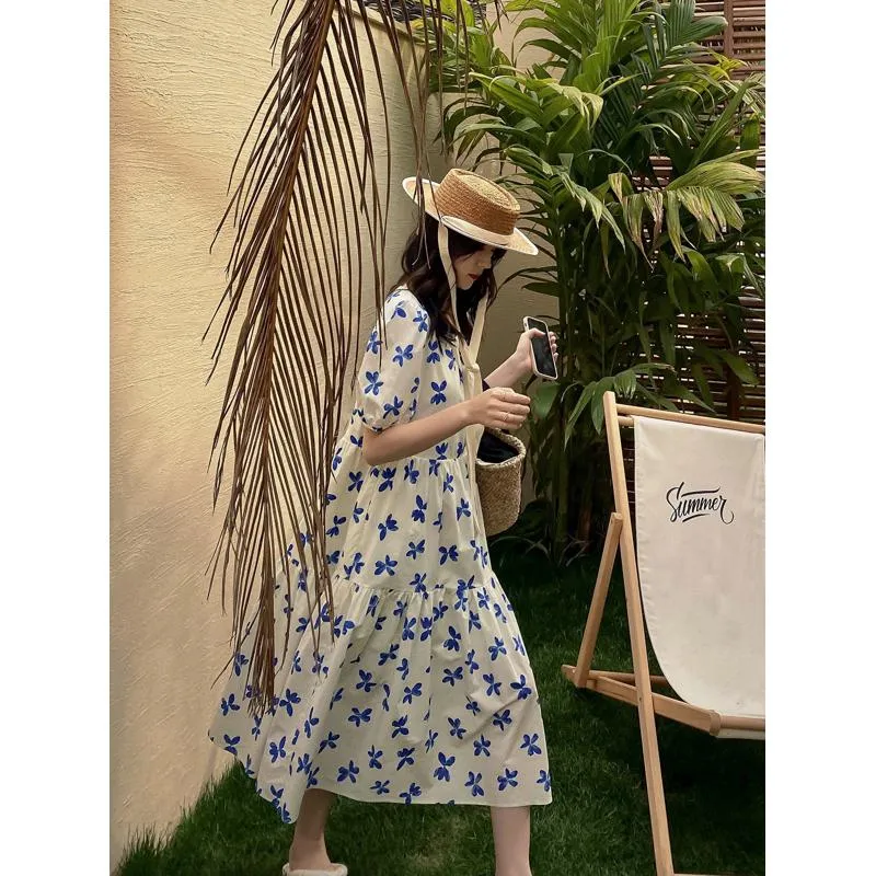 Floral Print Slimming Blue Bubble Sleeve Dress