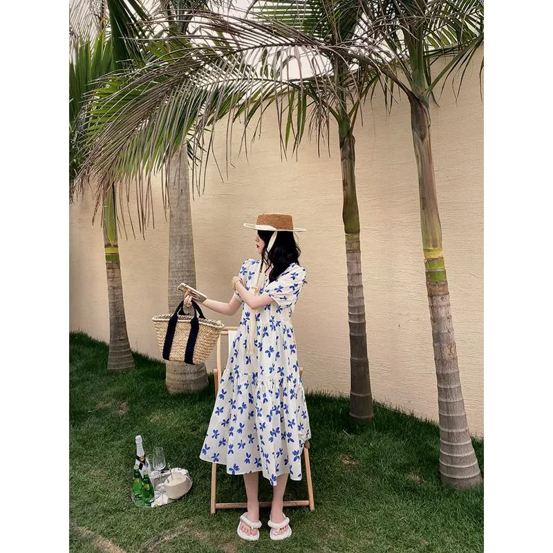 Floral Print Slimming Blue Bubble Sleeve Dress