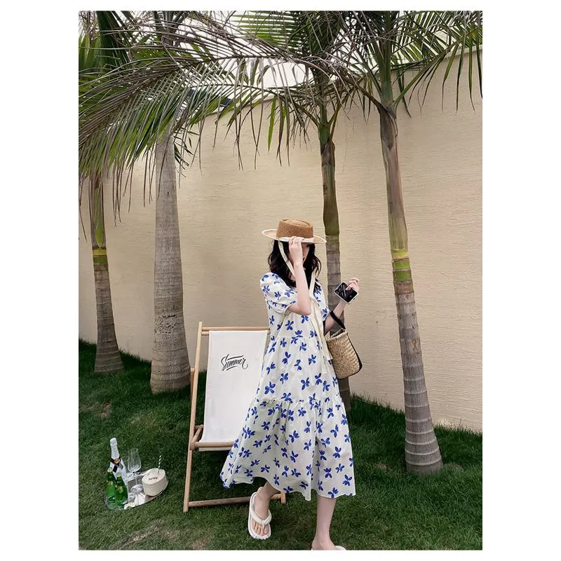 Floral Print Slimming Blue Bubble Sleeve Dress