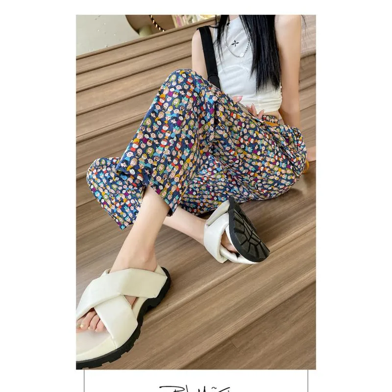 Floral Print Straight High-Waisted Casual Cropped Loose-Fit Slimming Thin Pants