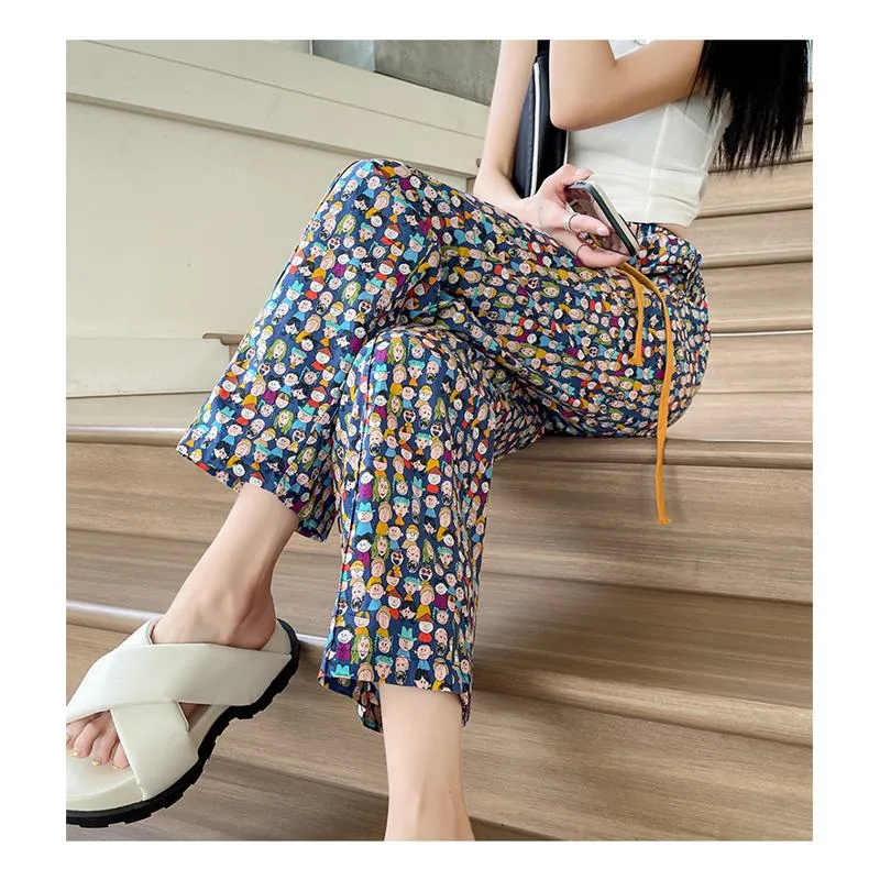 Floral Print Straight High-Waisted Casual Cropped Loose-Fit Slimming Thin Pants