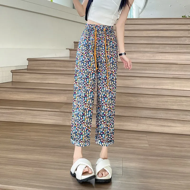 Floral Print Straight High-Waisted Casual Cropped Loose-Fit Slimming Thin Pants