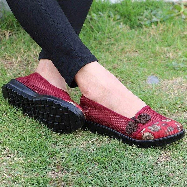 Flower Chineseknot Vintage Retro Mesh Breathable Slip On Flat Shoes