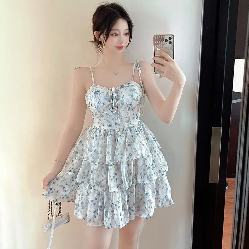 French Style Floral Print Halter Chiffon Fluffy Niche Dress