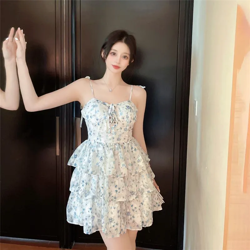 French Style Floral Print Halter Chiffon Fluffy Niche Dress