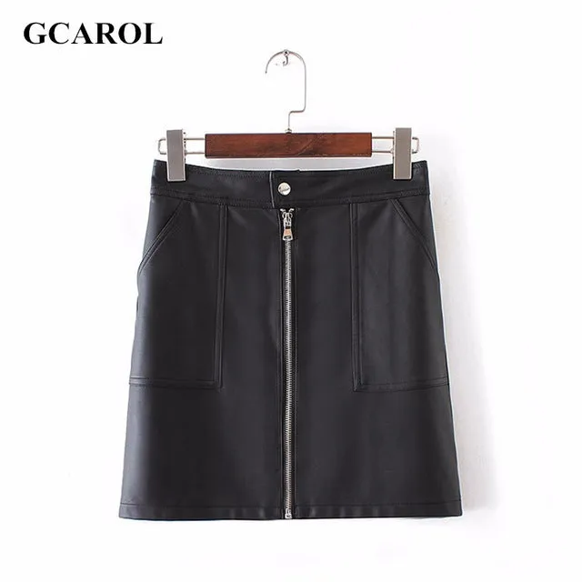 GCAROL Women Zipper Up Faux Leather Skirt Polyester Lining Fashion Sexy PU Mini Skirt With Two Pockets High Quality For 4 Season