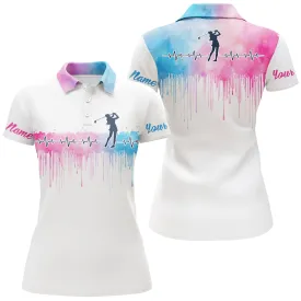 Golf Heartbeat Golfer Pink Blue Watercolor Women Golf Polo Shirt Custom Name Gifts For Golf Lovers