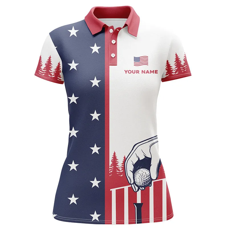 Golf Polo Shirts For Women American Flag Patriotic 4Th July Custom Name Golf Shirt, Golfer Gifts