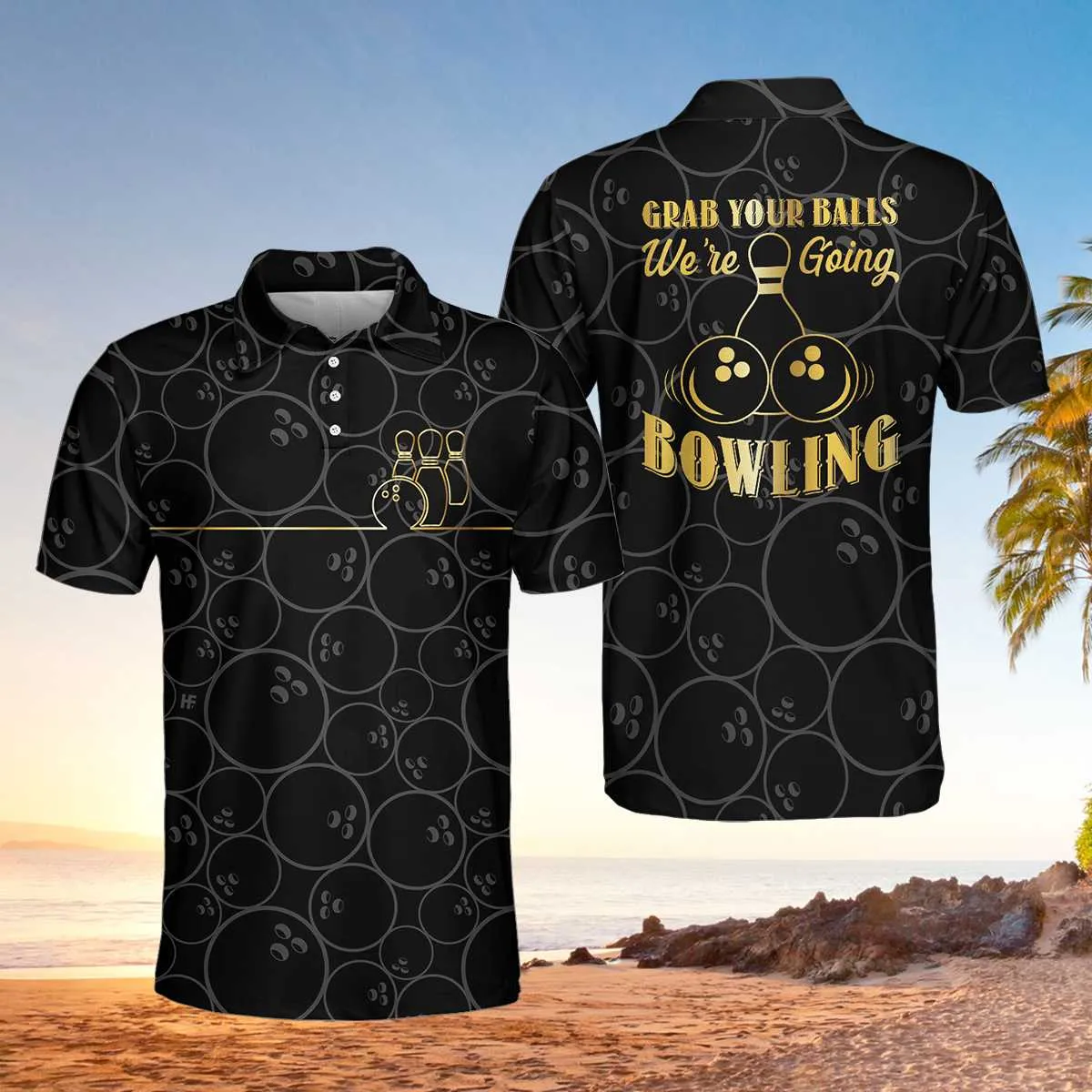 Grab Your Ball We'Re Going Bowling Polo Shirt, Bowling Ball Pattern Polo Shirt, Black Bowling Shirt For Men Coolspod