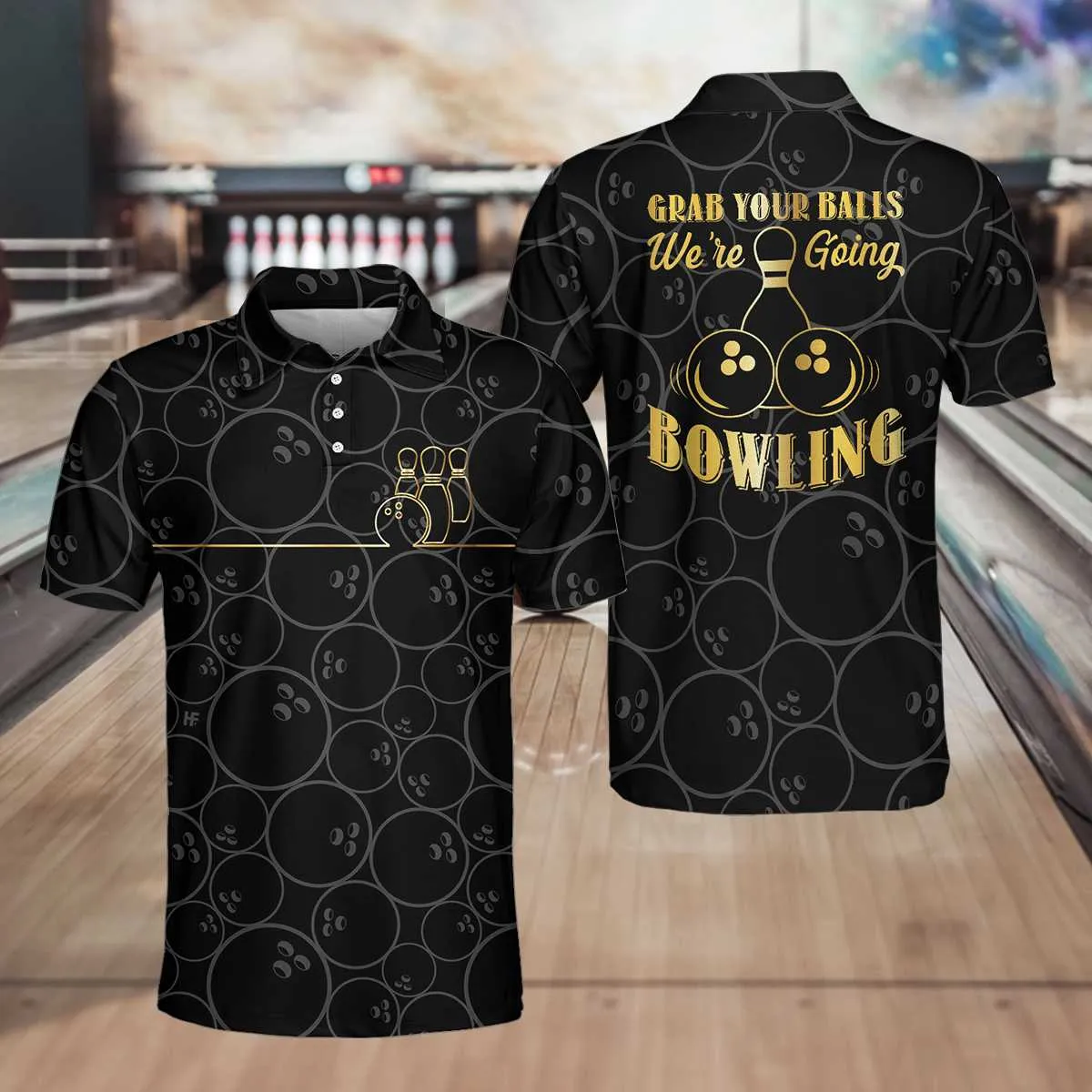 Grab Your Ball We'Re Going Bowling Polo Shirt, Bowling Ball Pattern Polo Shirt, Black Bowling Shirt For Men Coolspod