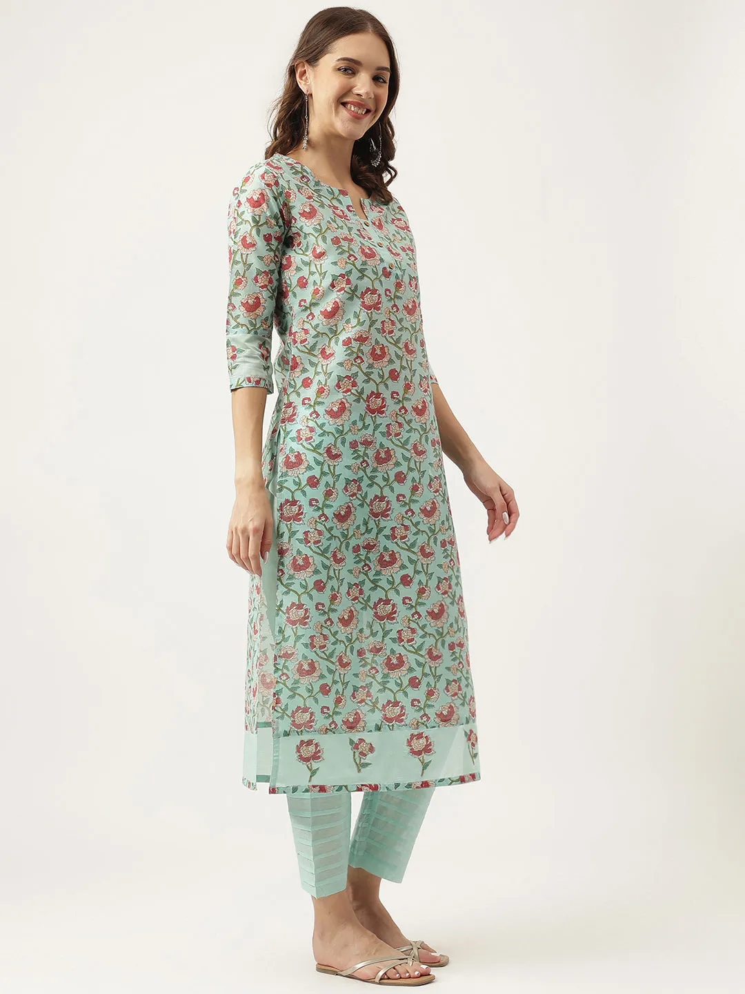 Green Chanderi Floral Printed Kurta With Trouser Set