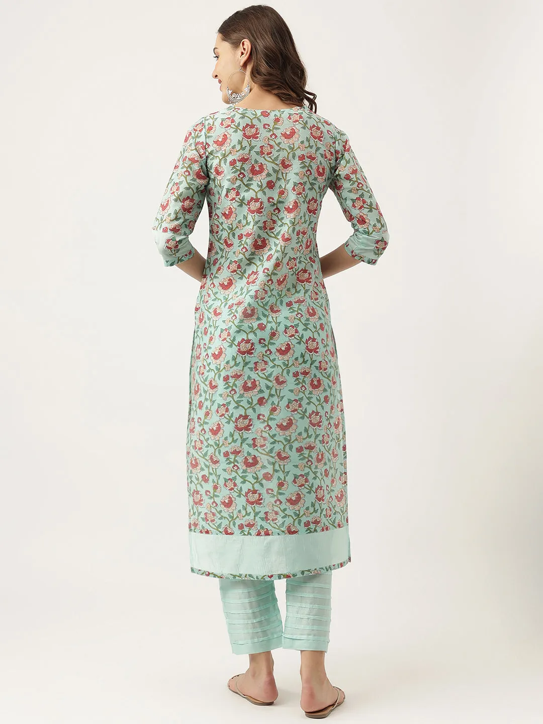 Green Chanderi Floral Printed Kurta With Trouser Set