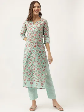 Green Chanderi Floral Printed Kurta With Trouser Set