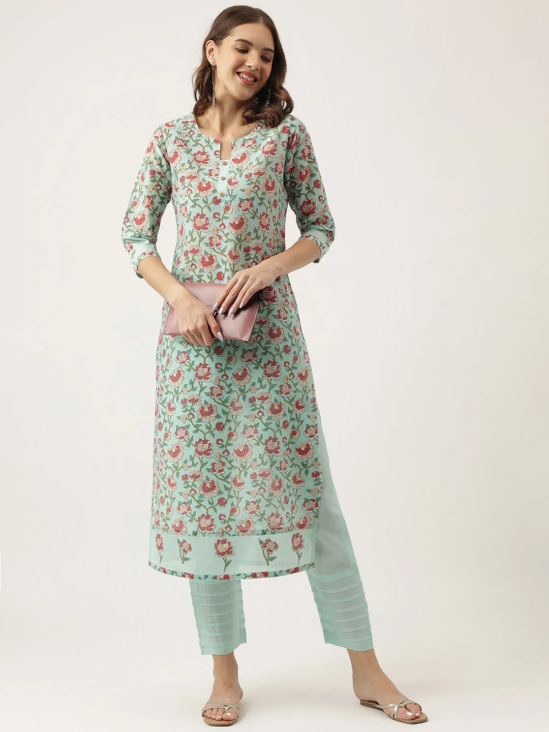 Green Chanderi Floral Printed Kurta With Trouser Set