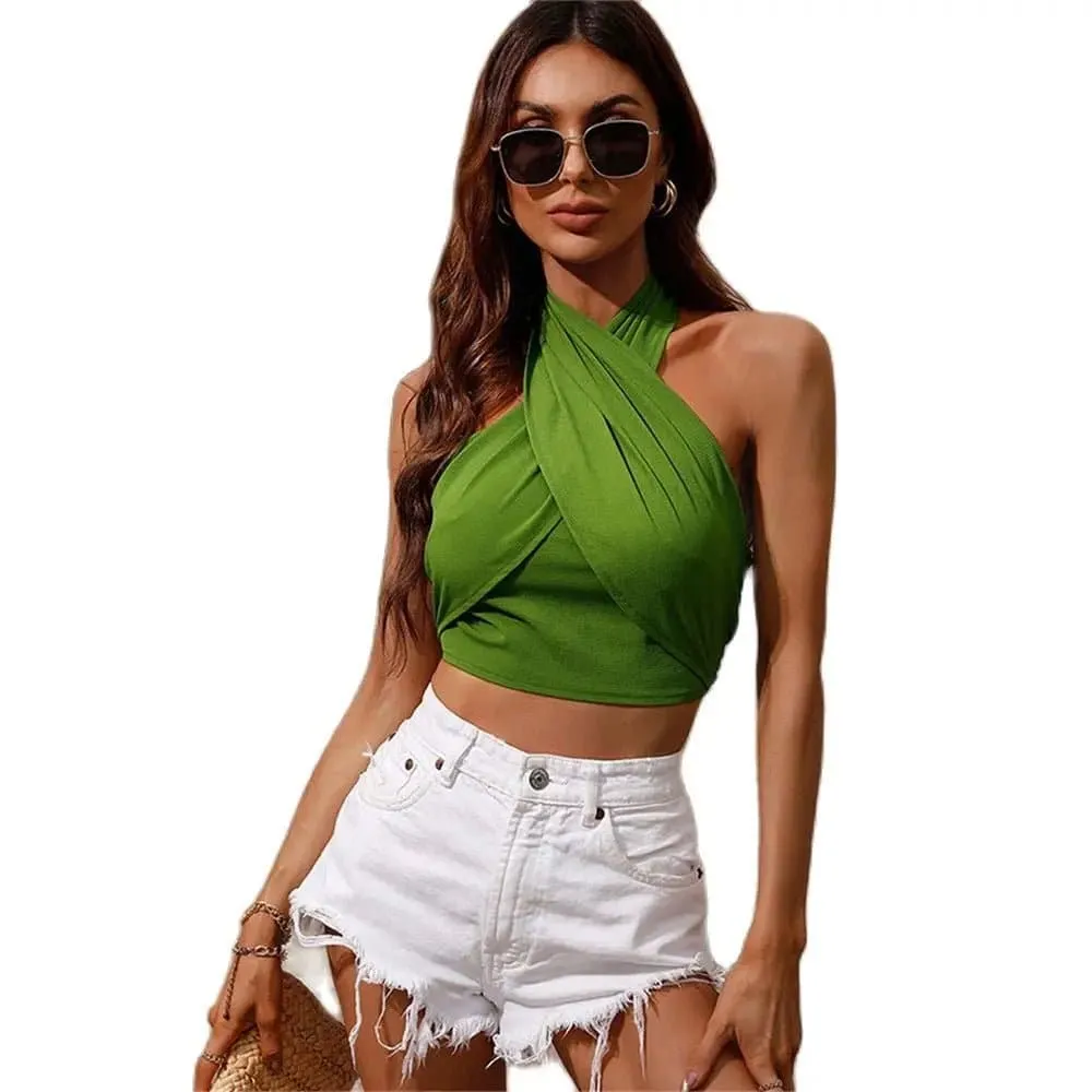 Green Halter Crop Top - Hotsweet Style, Backless, Polyester Material | BubbleKiss