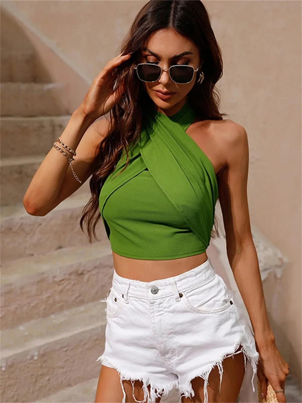 Green Halter Crop Top - Hotsweet Style, Backless, Polyester Material | BubbleKiss