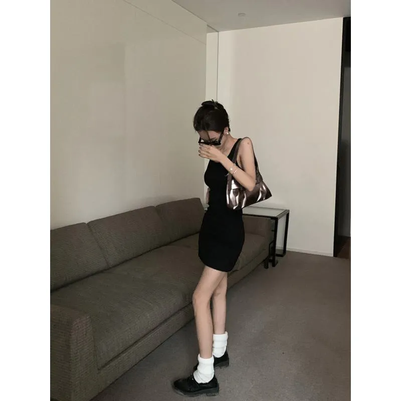 Hollowed-Out Knitted Slimming Cinched Waist Black Hepburn Hip-Hugging Dress