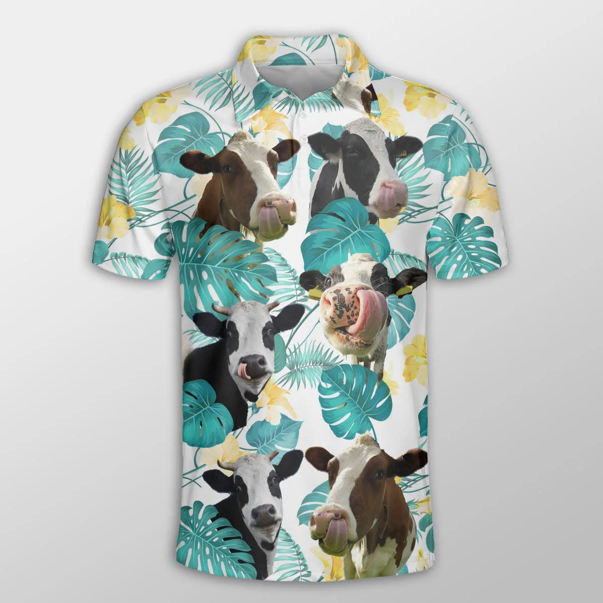 Holstein In Tropical Leaves Pattern Button Polo Shirt, Cow Farm Shirt