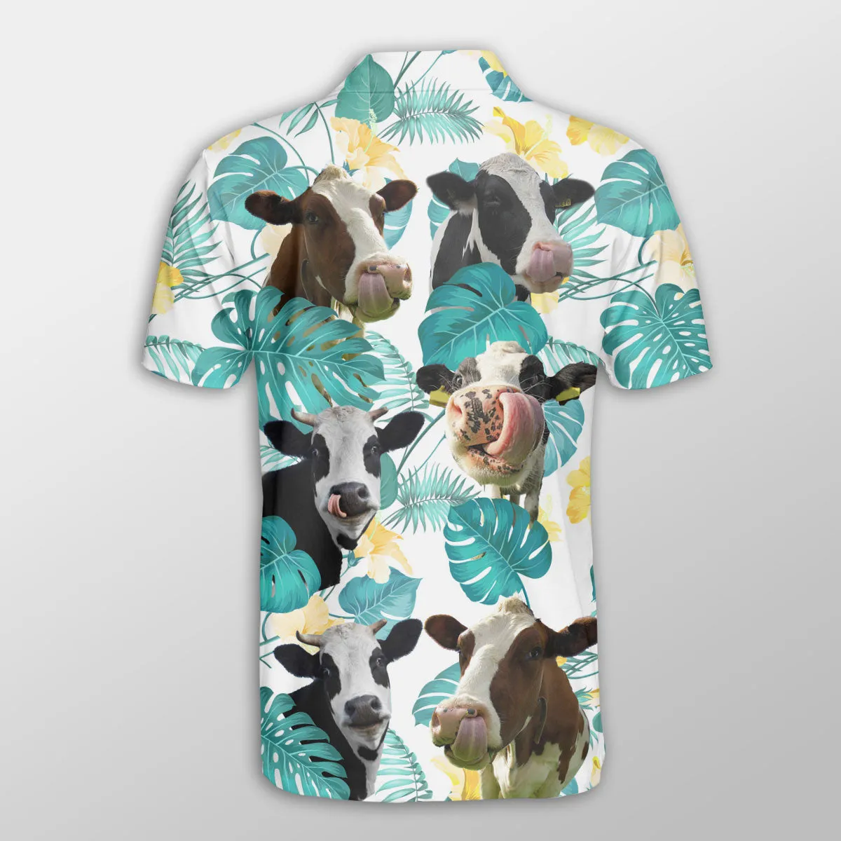 Holstein In Tropical Leaves Pattern Button Polo Shirt, Cow Farm Shirt