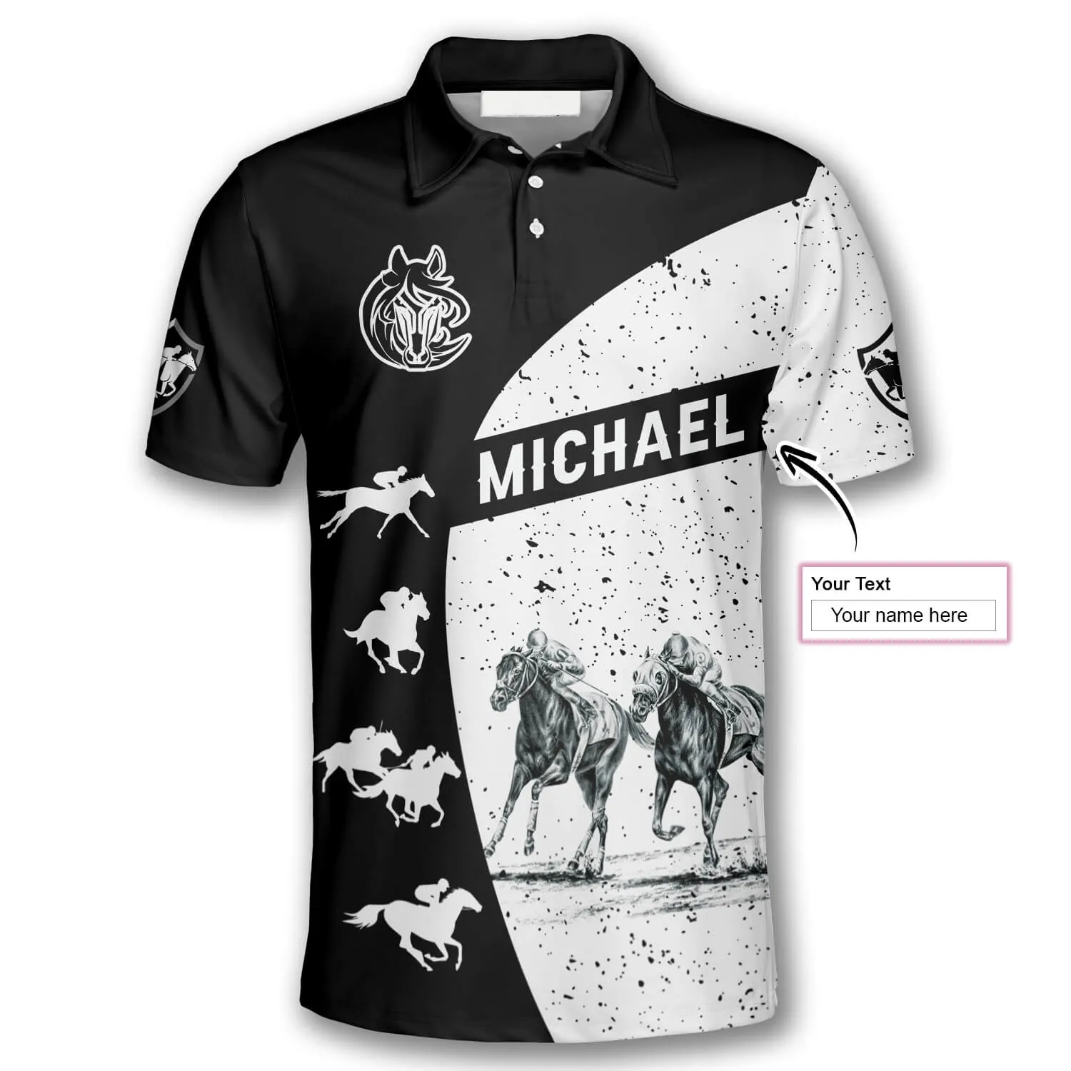 Horse Racing Silhouettes Black White Custom Equestrian Shirts for Men