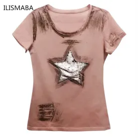 ILISMABA fashion t shirt women 2017 new short sleeve summer Large five-pointed star super flash holes pink summer shirt XL XXL