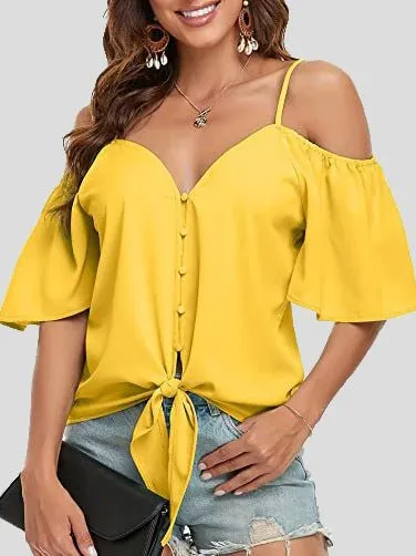 KittenAlarm - Sling Single Breasted Knotted Off Shoulder Blouse