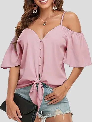 KittenAlarm - Sling Single Breasted Knotted Off Shoulder Blouse