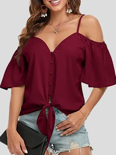 KittenAlarm - Sling Single Breasted Knotted Off Shoulder Blouse