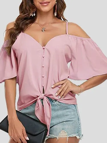 KittenAlarm - Sling Single Breasted Knotted Off Shoulder Blouse