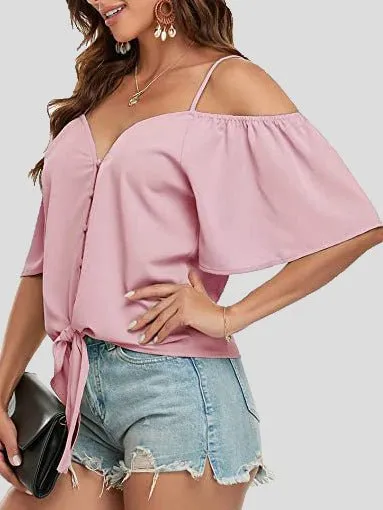 KittenAlarm - Sling Single Breasted Knotted Off Shoulder Blouse