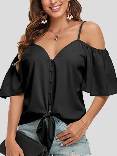 KittenAlarm - Sling Single Breasted Knotted Off Shoulder Blouse