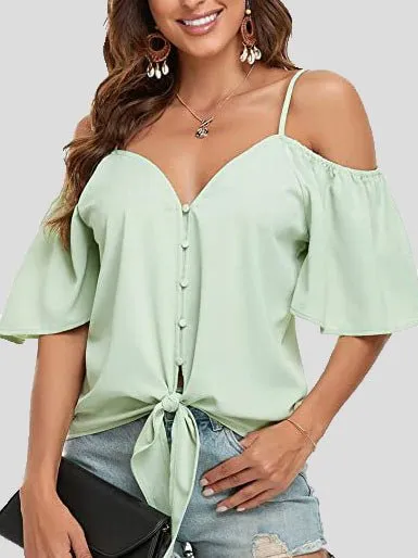 KittenAlarm - Sling Single Breasted Knotted Off Shoulder Blouse