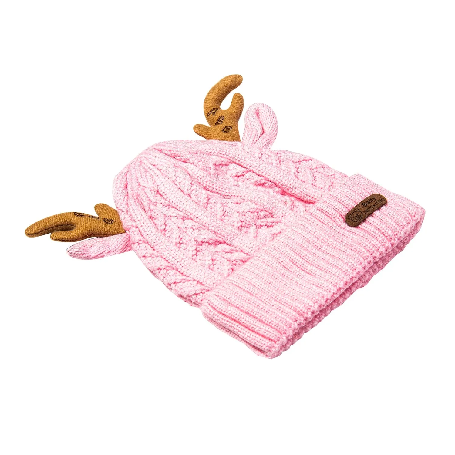 Knit Woollen Cap 3D Alphabet Antler Pink