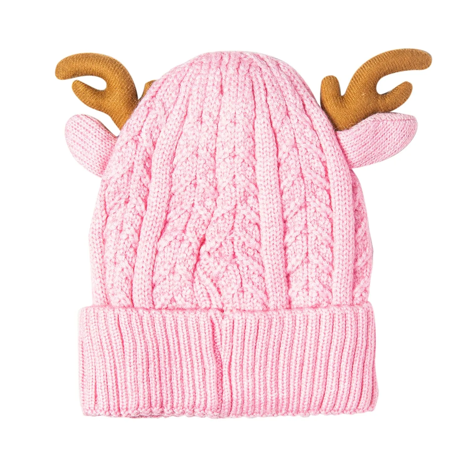 Knit Woollen Cap 3D Alphabet Antler Pink