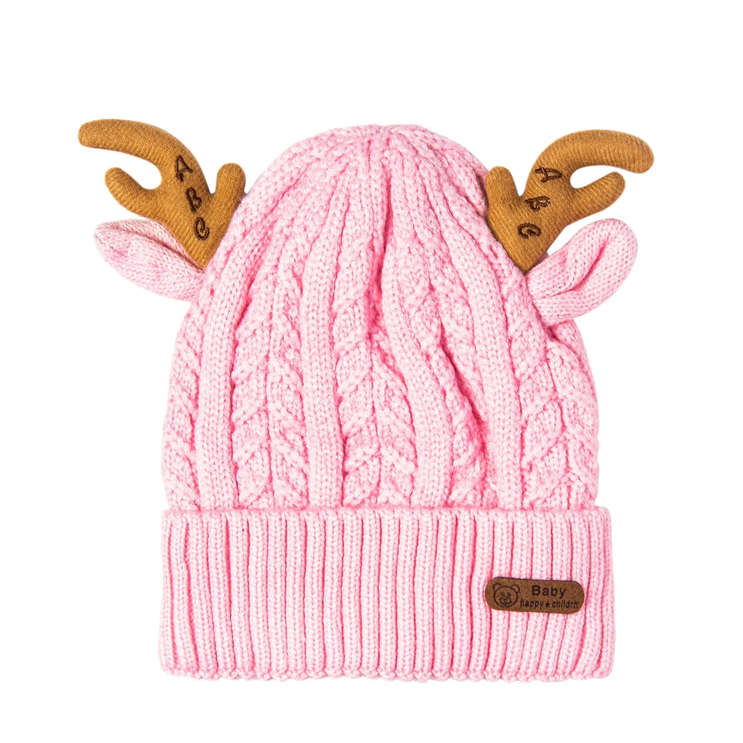 Knit Woollen Cap 3D Alphabet Antler Pink