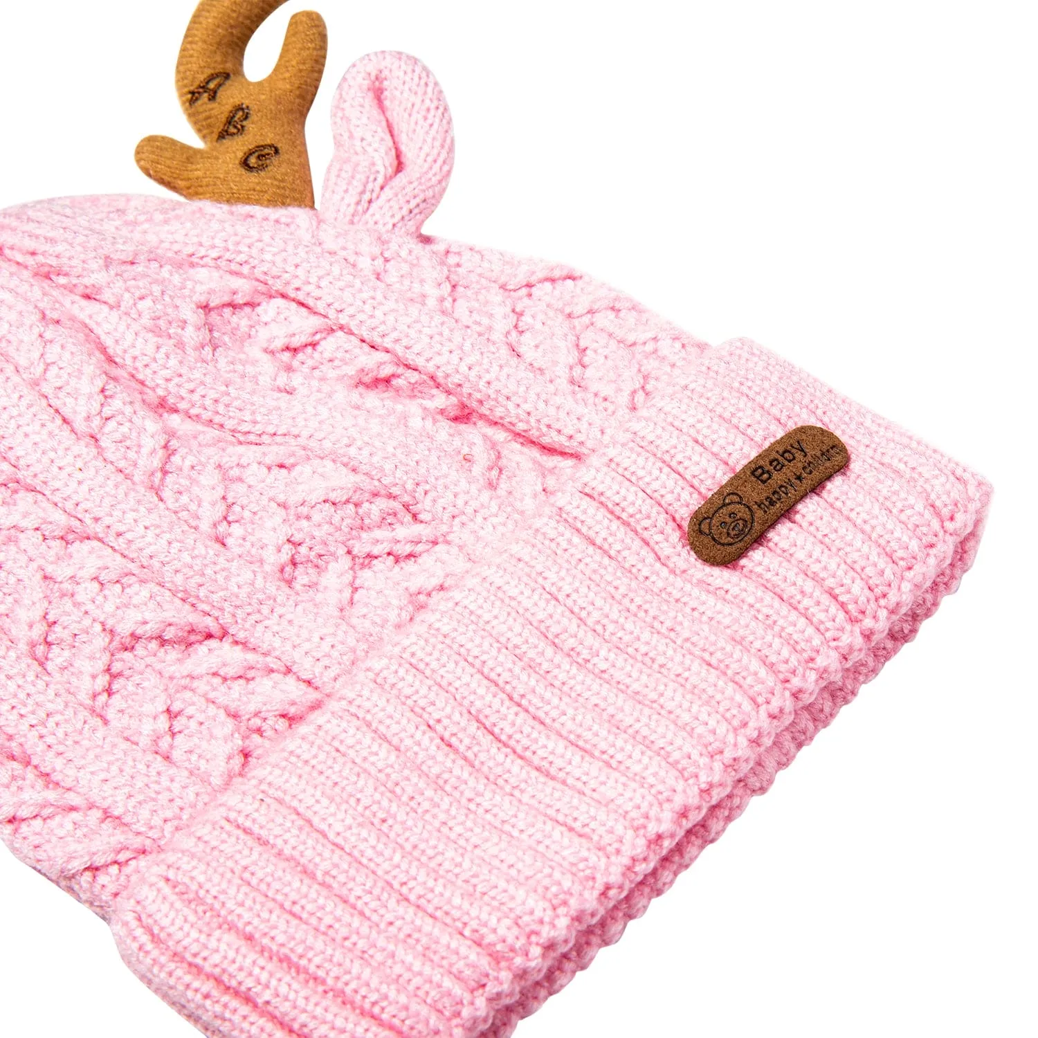 Knit Woollen Cap 3D Alphabet Antler Pink