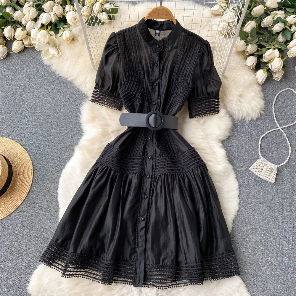 Lace Puff Sleeves Stitching Lace A-line Dress With Belt      S4472