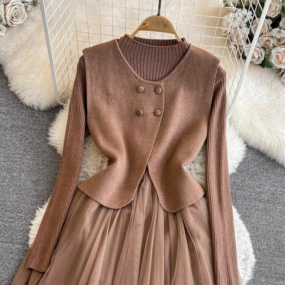 long-sleeved knitted patchwork A-line mesh dress two-piece vest jacket     S4096