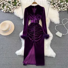 long-sleeved V-neck pleated slit velvet dress     S4045