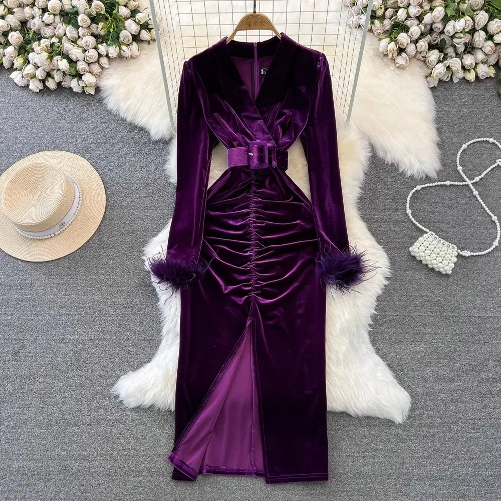 long-sleeved V-neck pleated slit velvet dress     S4045