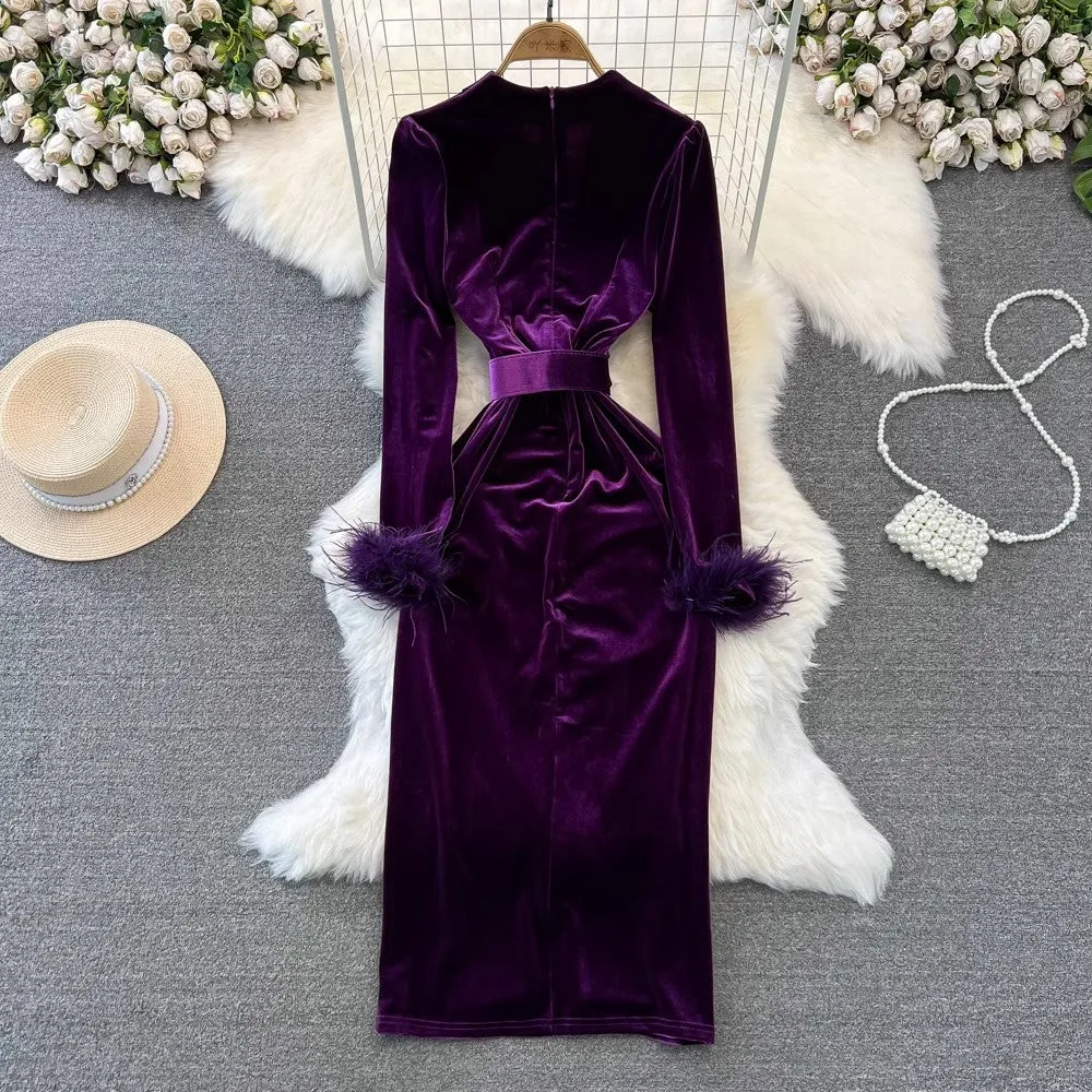 long-sleeved V-neck pleated slit velvet dress     S4045