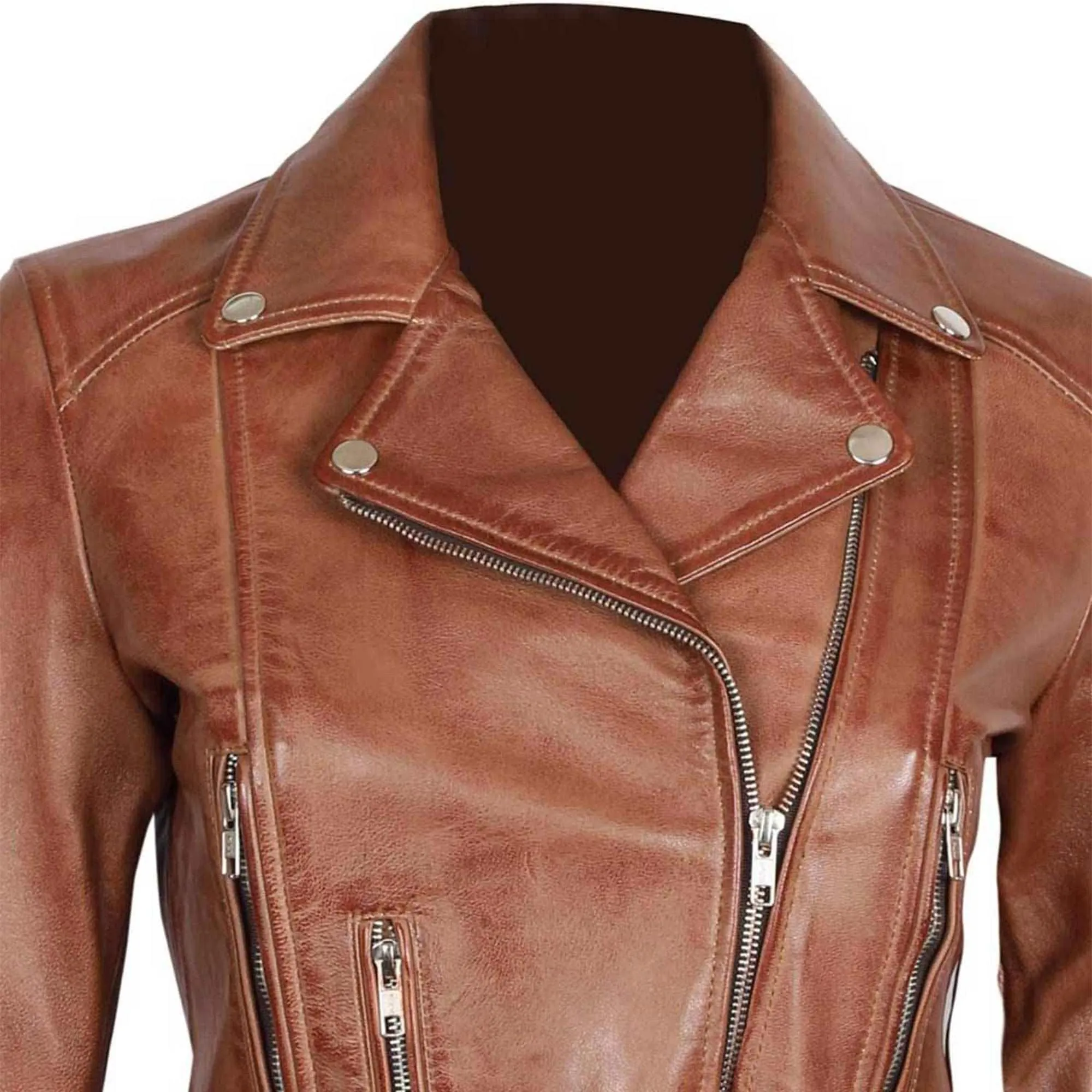 Margaret Brown Leather Asymmetrical Women's Slim Fit Biker Jacket