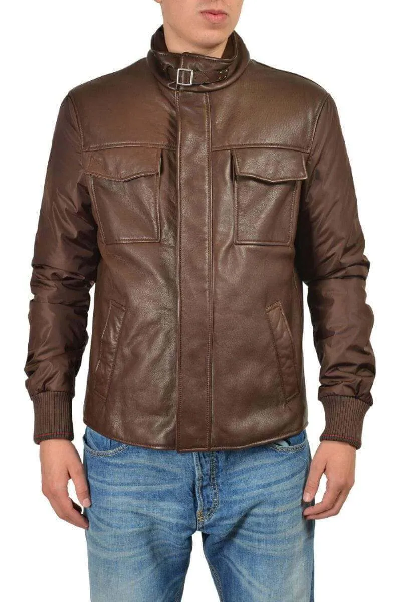 Men Brown Branded Motorbike Pockets Leather Jacket, Classic Trendy Scooter Fashion Zipper Jacket