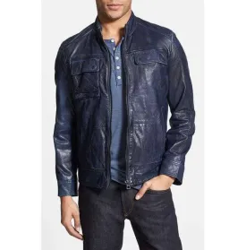 Men's Leather Jacket, Blue Color Jacket, Biker Leather Jacket For Men