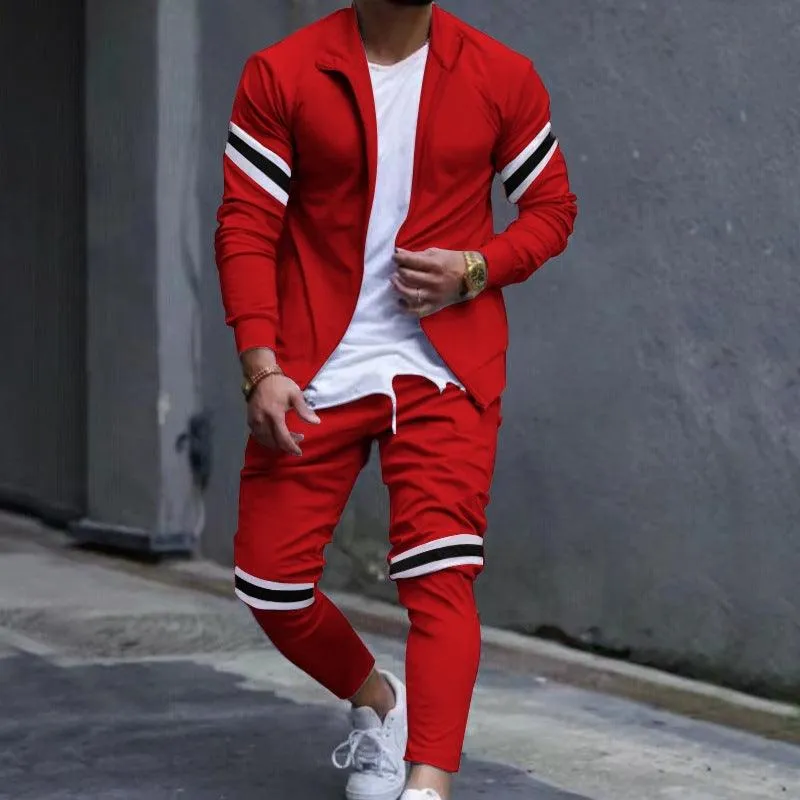 Men's Slim-fit Sports Long-sleeved Cardigan Sweater Color Matching Fashion Casual Trousers Suit