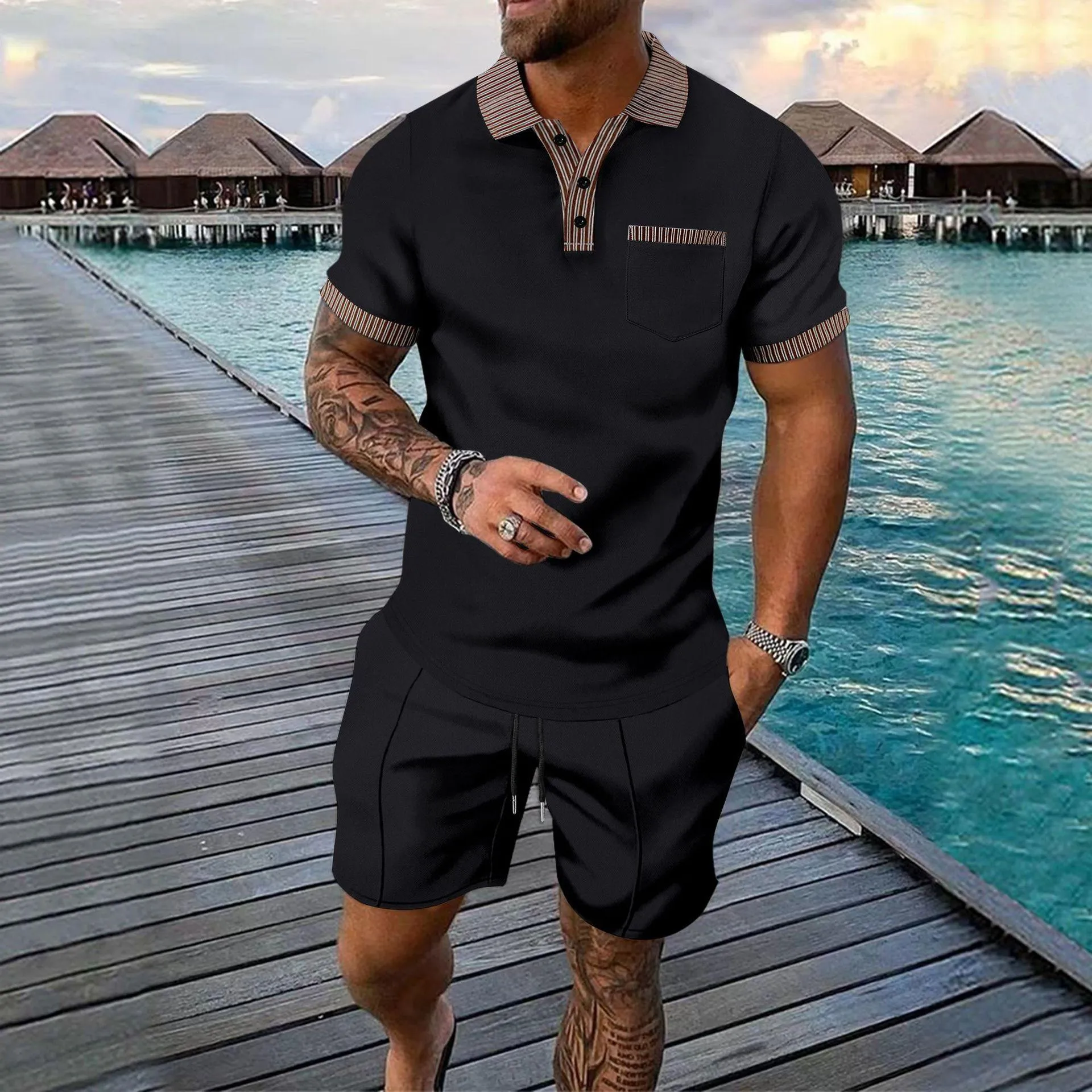 Men's Striped Color Matching Short Sleeve Suit